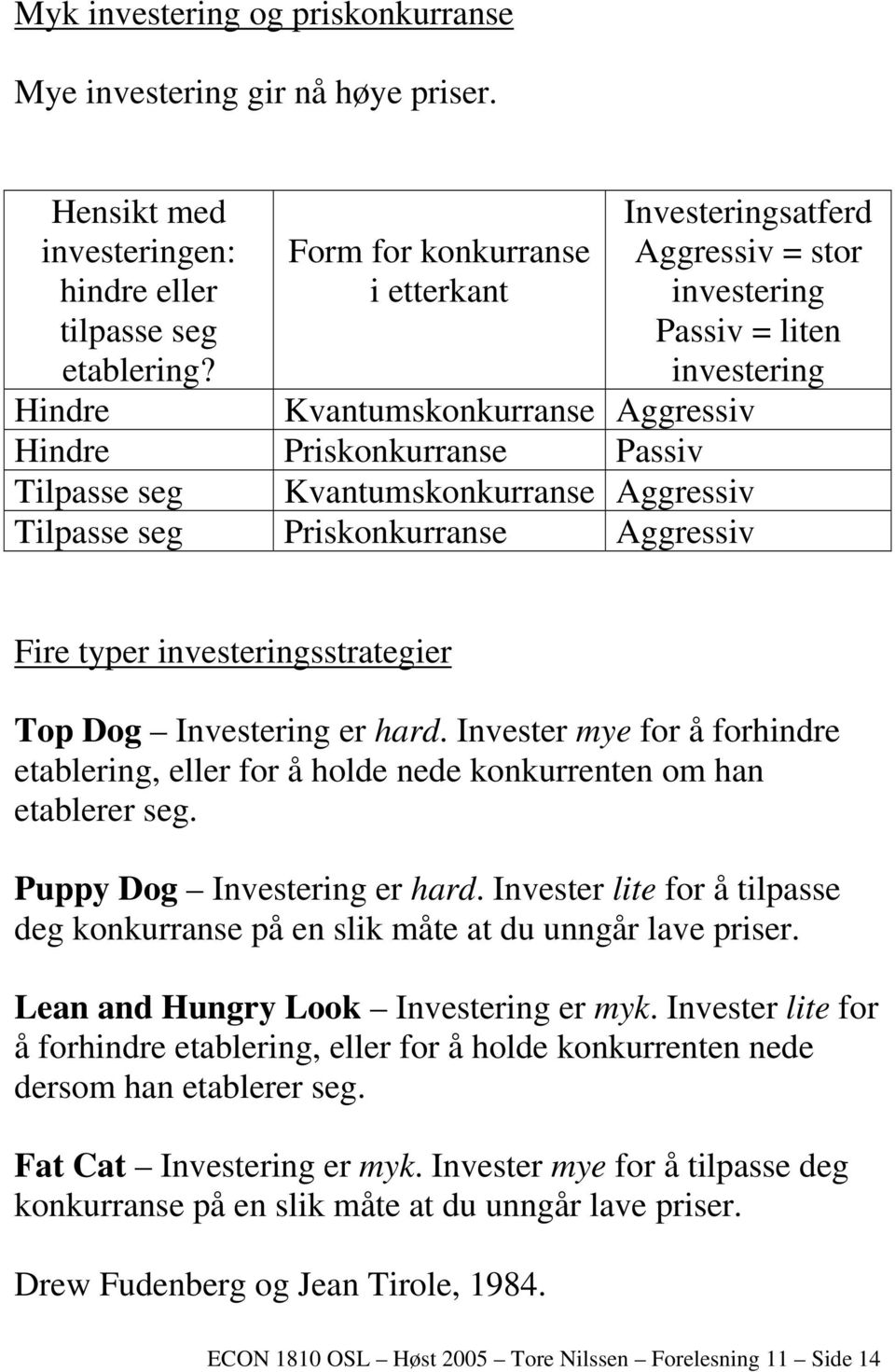 Kvantumskonkurranse Aggressiv Tilpasse seg Priskonkurranse Aggressiv Fire typer investeringsstrategier Top Dog Investering er hard.