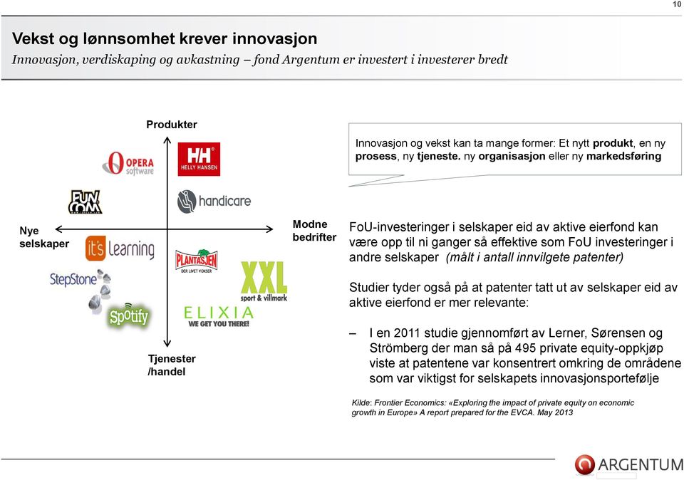 ny organisasjon eller ny markedsføring Nye selskaper Modne bedrifter FoU-investeringer i selskaper eid av aktive eierfond kan være opp til ni ganger så effektive som FoU investeringer i andre