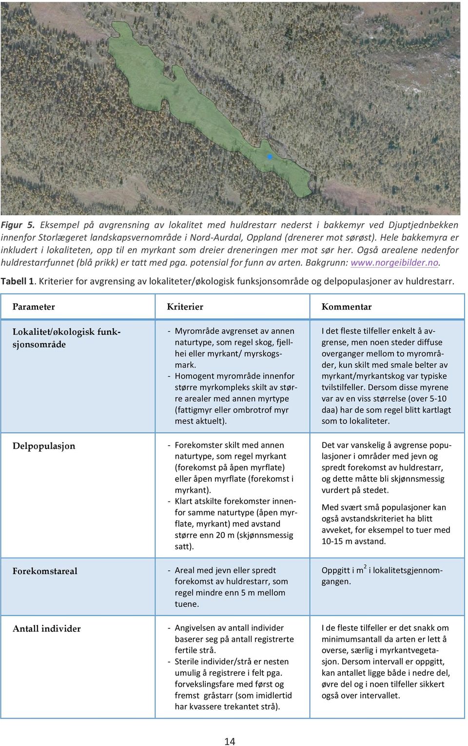 Bakgrunn: www.norgeibilder.no. Tabell 1. Kriterier for avgrensing av lokaliteter/økologisk funksjonsområde og delpopulasjoner av huldrestarr.