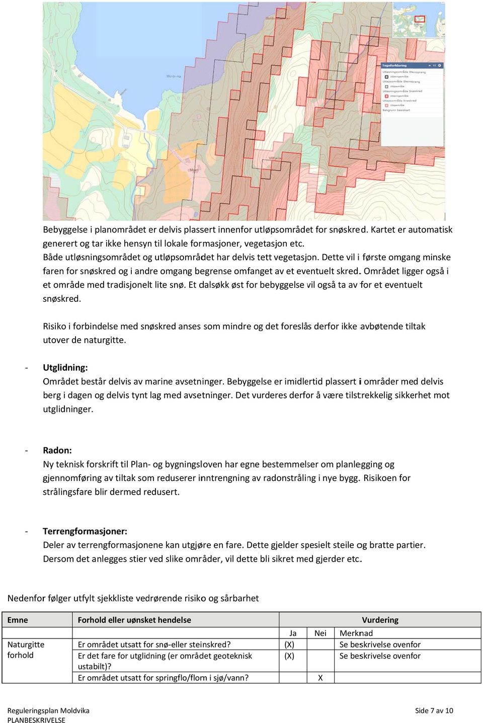 . Området ligger også i et område med tradisjonelt lite snø. Et dalsøkk øst for bebyggelse vil v også ta av for et eventuelt snøskred.