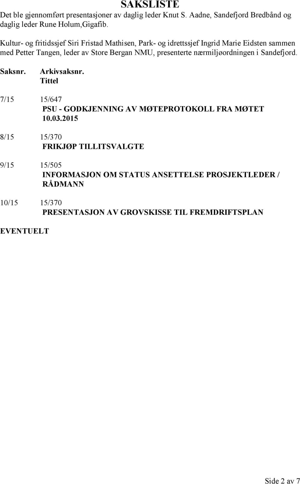 presenterte nærmiljøordningen i Sandefjord. Saksnr. Arkivsaksnr. Tittel 7/15 15/647 PSU - GODKJENNING AV MØTEPROTOKOLL FRA MØTET 10.03.