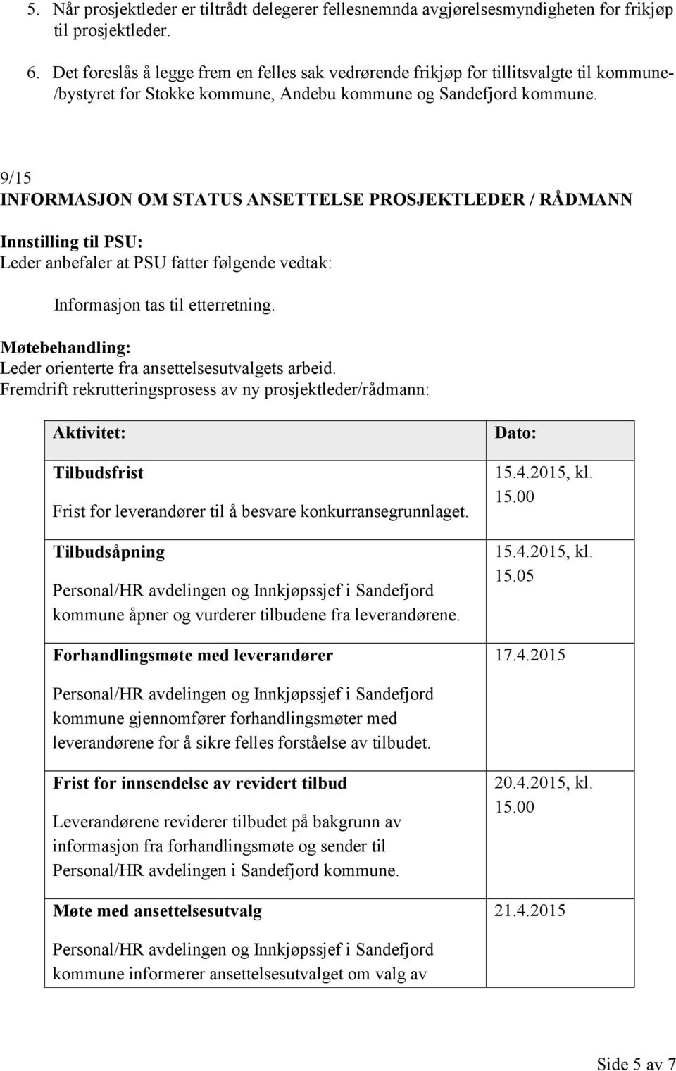 9/15 INFORMASJON OM STATUS ANSETTELSE PROSJEKTLEDER / RÅDMANN Innstilling til PSU: Leder anbefaler at PSU fatter følgende vedtak: Informasjon tas til etterretning.