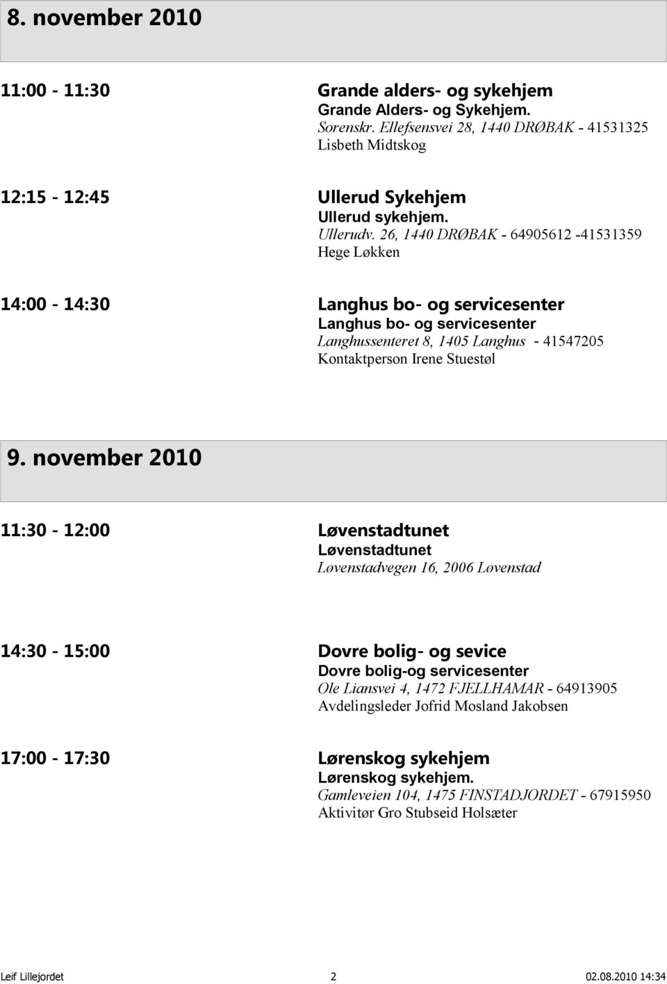 26, 1440 DRØBAK - 64905612-41531359 Hege Løkken 14:00-14:30 Langhus bo- og servicesenter Langhus bo- og servicesenter Langhussenteret 8, 1405 Langhus -41547205 Kontaktperson Irene Stuestøl 9.