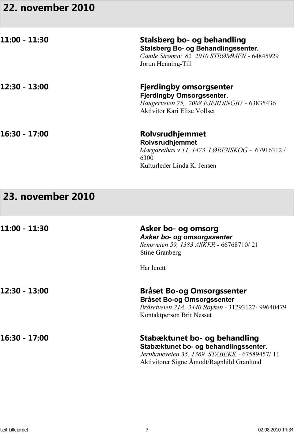 Haugerveien 25, 2008 FJERDINGBY - 63835436 Aktivitør Kari Elise Vollset 16:30-17:00 Rolvsrudhjemmet Rolvsrudhjemmet Margarethas v 11, 1473 LØRENSKOG - 67916312 / 6300 Kulturleder Linda K. Jensen 23.