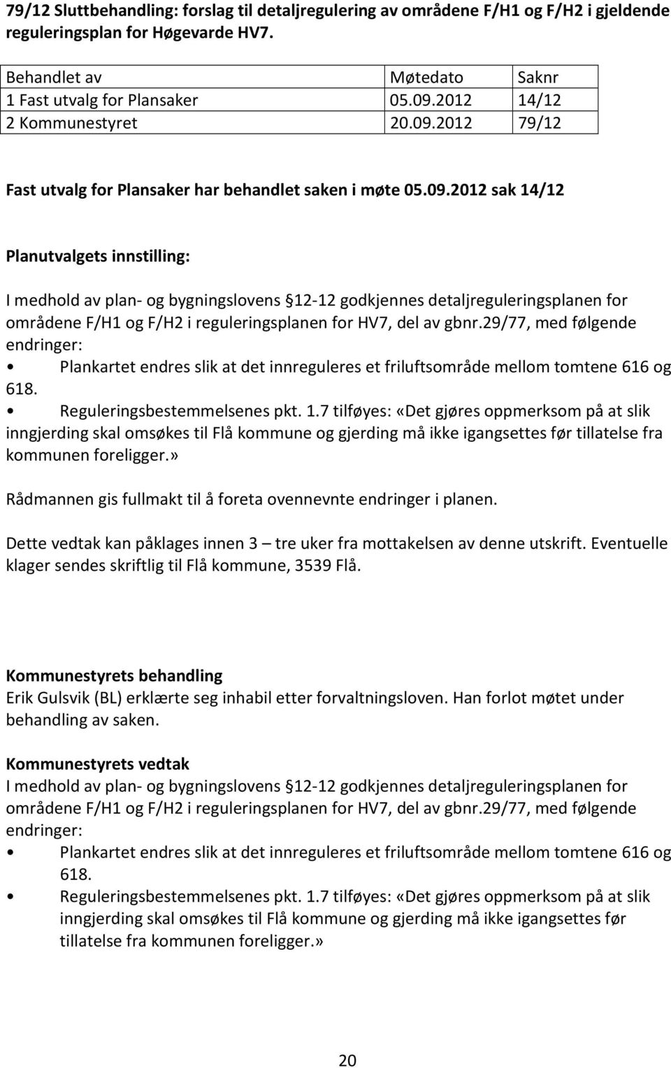 2012 79/12 Fast utvalg for Plansaker har behandlet saken i møte 05.09.