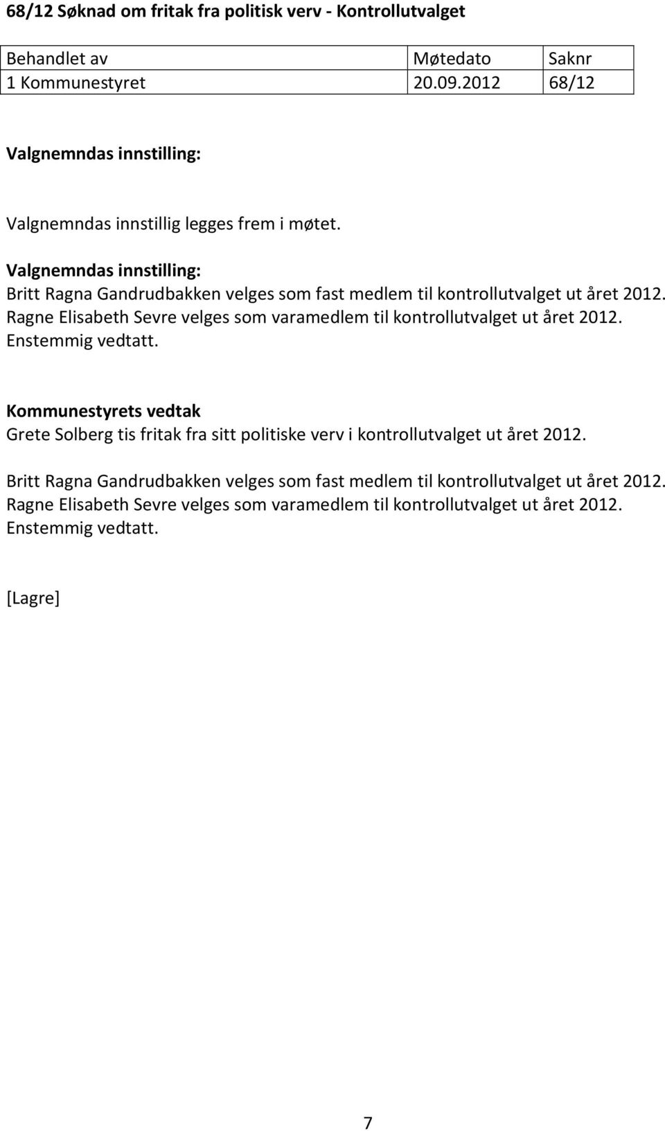 Valgnemndas innstilling: Britt Ragna Gandrudbakken velges som fast medlem til kontrollutvalget ut året 2012.