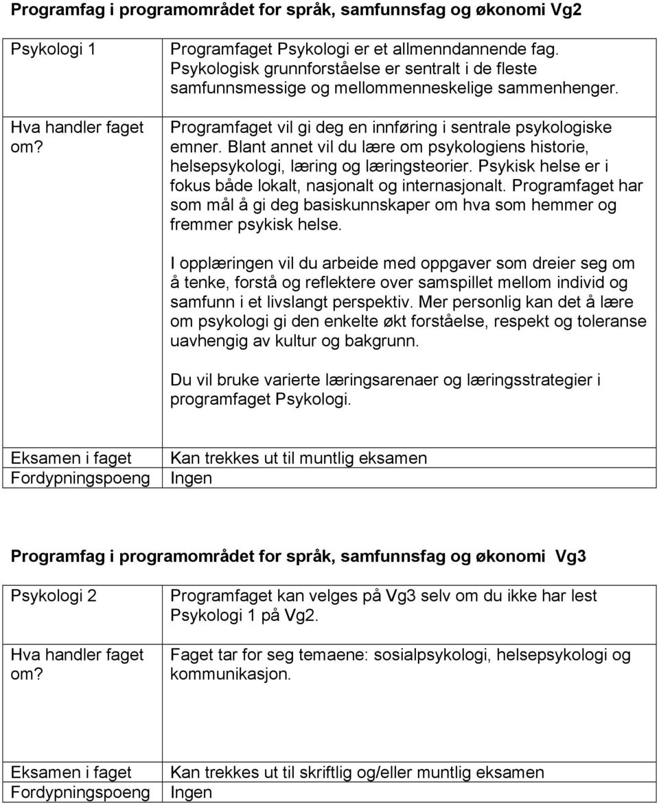 Psykisk helse er i fokus både lokalt, nasjonalt og internasjonalt. Programfaget har som mål å gi deg basiskunnskaper om hva som hemmer og fremmer psykisk helse.