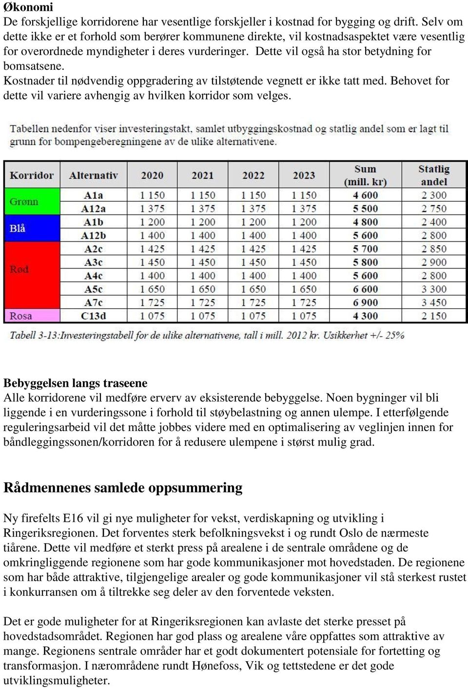 Kostnader til nødvendig oppgradering av tilstøtende vegnett er ikke tatt med. Behovet for dette vil variere avhengig av hvilken korridor som velges.