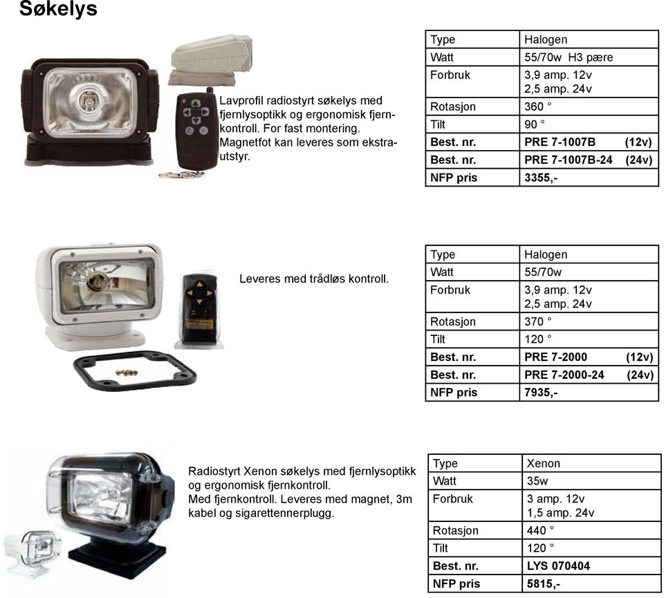 Type Halogen Watt 55/70w Forbruk 3,9 amp. 12v 2,5 amp. 24v Rotasjon 370 Tilt 120 Best. nr.