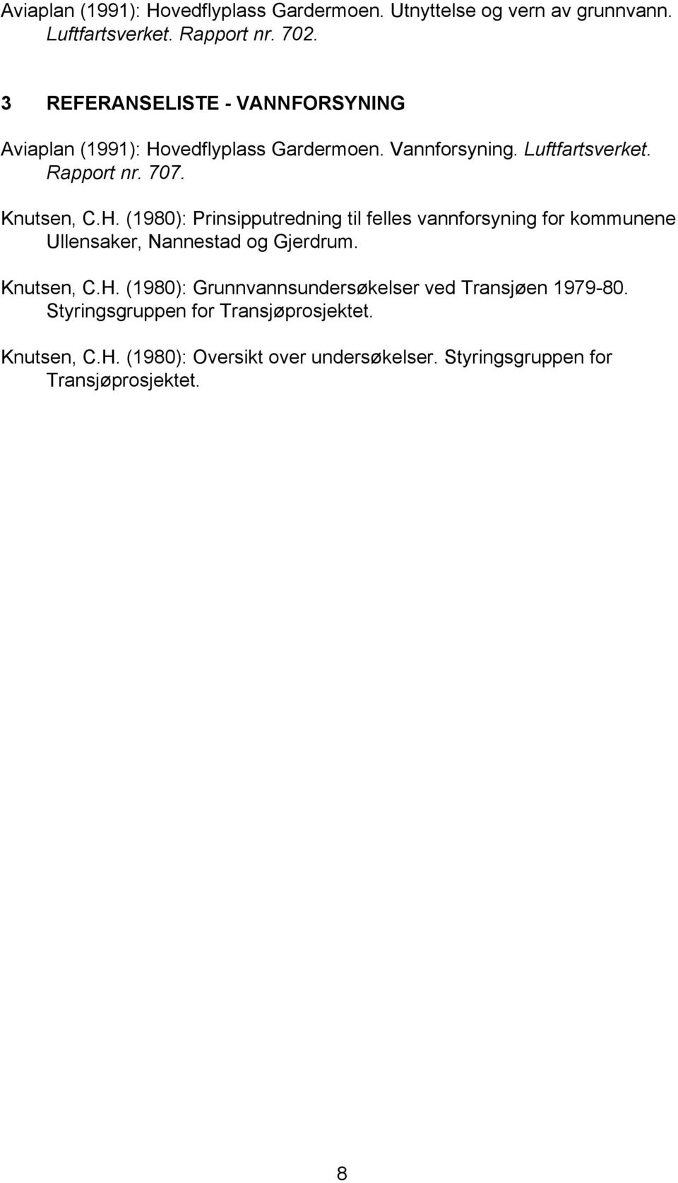 H. (1980): Prinsipputredning til felles vannforsyning for kommunene Ullensaker, Nannestad og Gjerdrum. Knutsen, C.H. (1980): Grunnvannsundersøkelser ved Transjøen 1979-80.