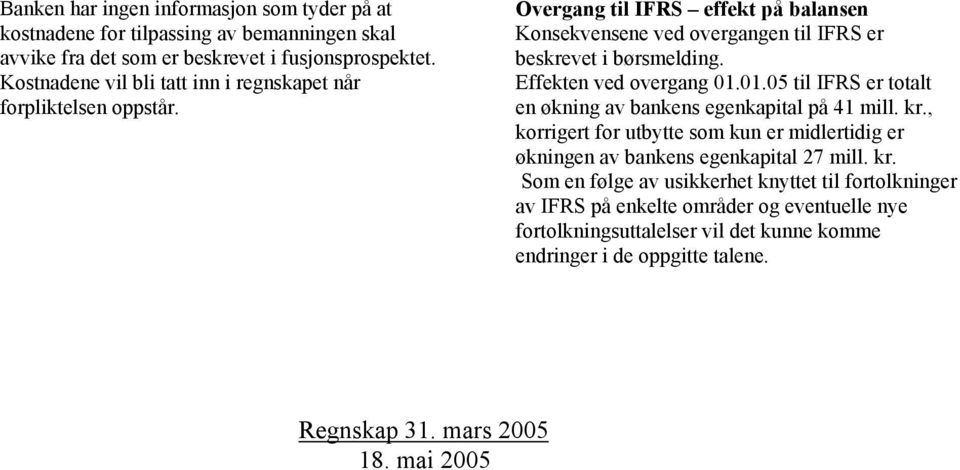 Effekten ved overgang 01.01.05 til IFRS er totalt en økning av bankens egenkapital på 41 mill. kr.