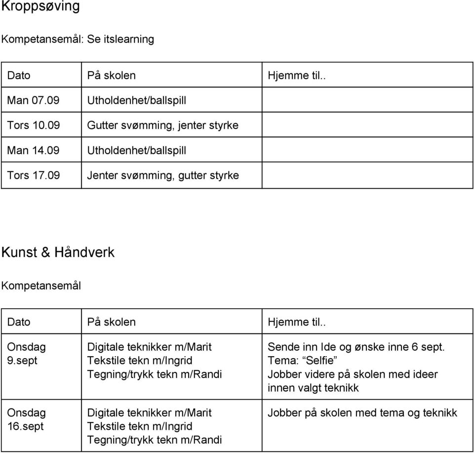 Kompetansemål Onsdag 9.sept Onsdag 16.