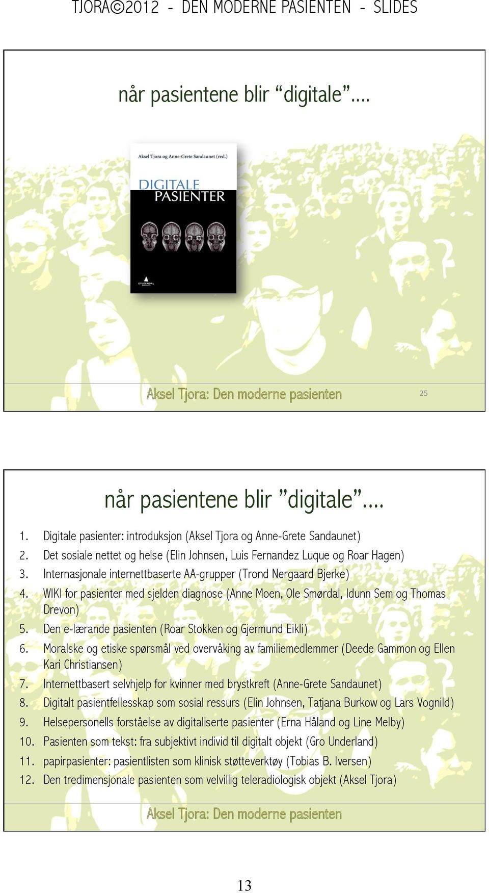 Den e-lærande pasienten (Roar Stokken og Gjermund Eikli) 6. Moralske og etiske spørsmål ved overvåking av familiemedlemmer (Deede Gammon og Ellen Kari Christiansen) 7.