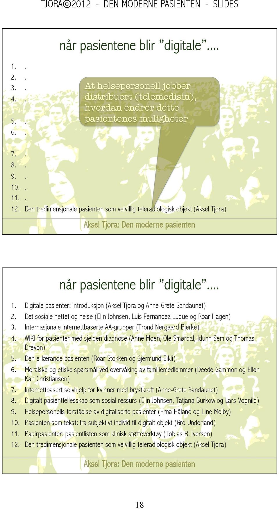 Det sosiale nettet og helse (Elin Johnsen, Luis Fernandez Luque og Roar Hagen) 3. Internasjonale internettbaserte AA-grupper (Trond Nergaard Bjerke) 4.