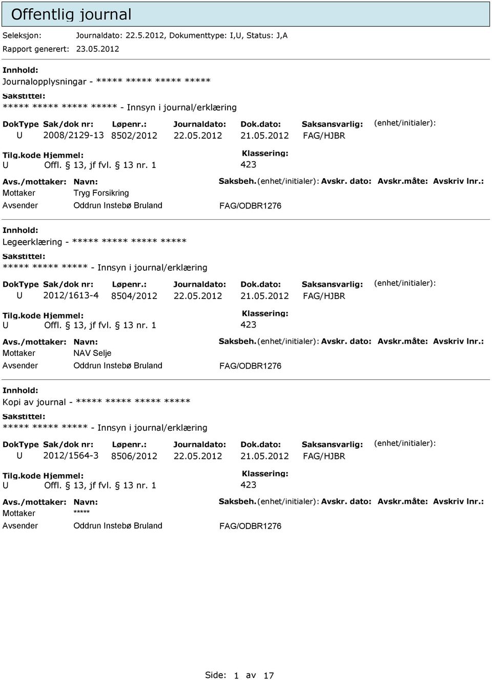 Forsikring Oddrun nstebø Bruland Legeerklæring - ***** ***** ***** ***** ***** ***** ***** - nnsyn i journal/erklæring 2012/1613-4 8504/2012