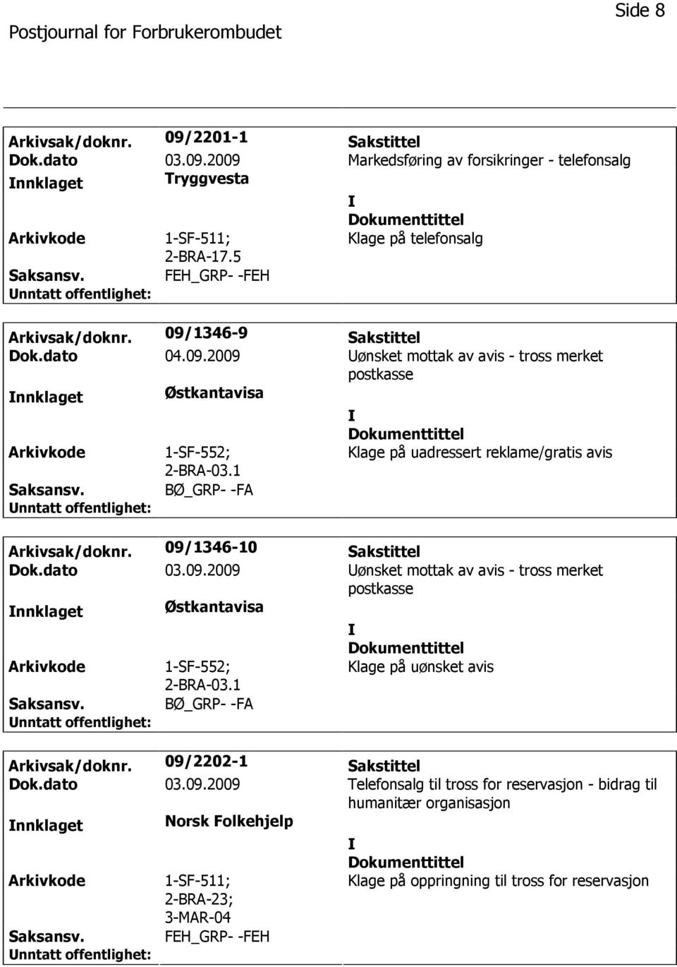 09/1346-10 Sakstittel Dok.dato 03.09.2009 ønsket mottak av avis - tross merket postkasse nnklaget Østkantavisa 1-SF-552; 2-BRA-03.1 Klage på uønsket avis BØ_GRP- -FA Arkivsak/doknr.