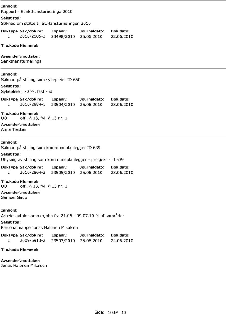 2010/2884-1 23504/2010 Anna Tretten nnhold: Søknad på stilling som kommuneplanlegger D 639 Utlysnig av stilling som kommuneplanlegger -