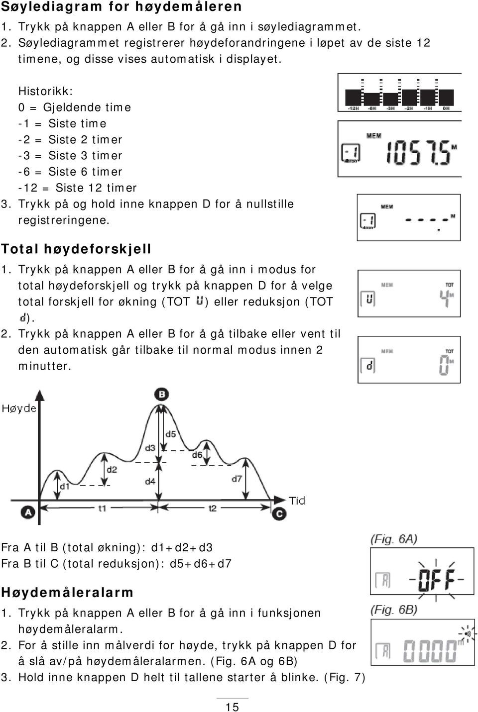 Historikk: 0 = Gjeldende time -1 = Siste time -2 = Siste 2 timer -3 = Siste 3 timer -6 = Siste 6 timer -12 = Siste 12 timer 3. Trykk på og hold inne knappen D for å nullstille registreringene.