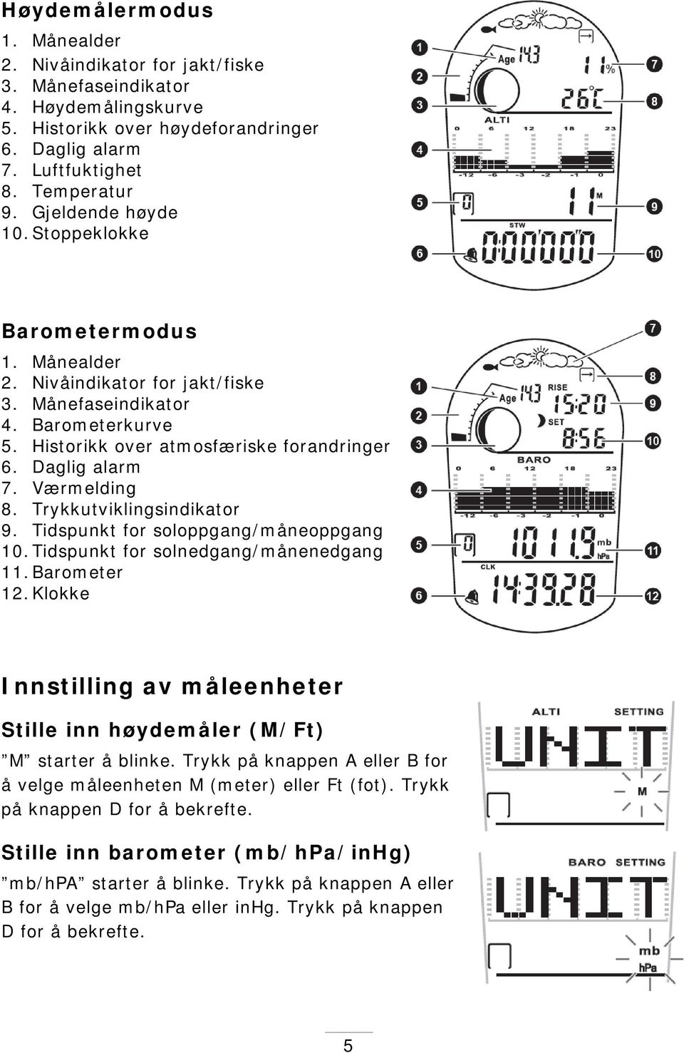 Værmelding 8. Trykkutviklingsindikator 9. Tidspunkt for soloppgang/måneoppgang 10. Tidspunkt for solnedgang/månenedgang 11. Barometer 12.