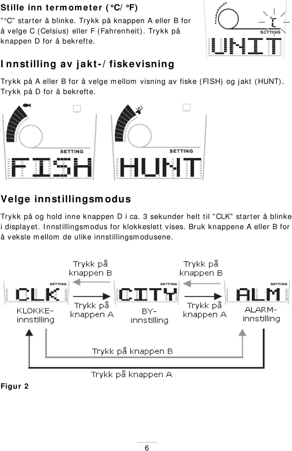 Innstilling av jakt-/fiskevisning Trykk på A eller B for å velge mellom visning av fiske (FISH) og jakt (HUNT).