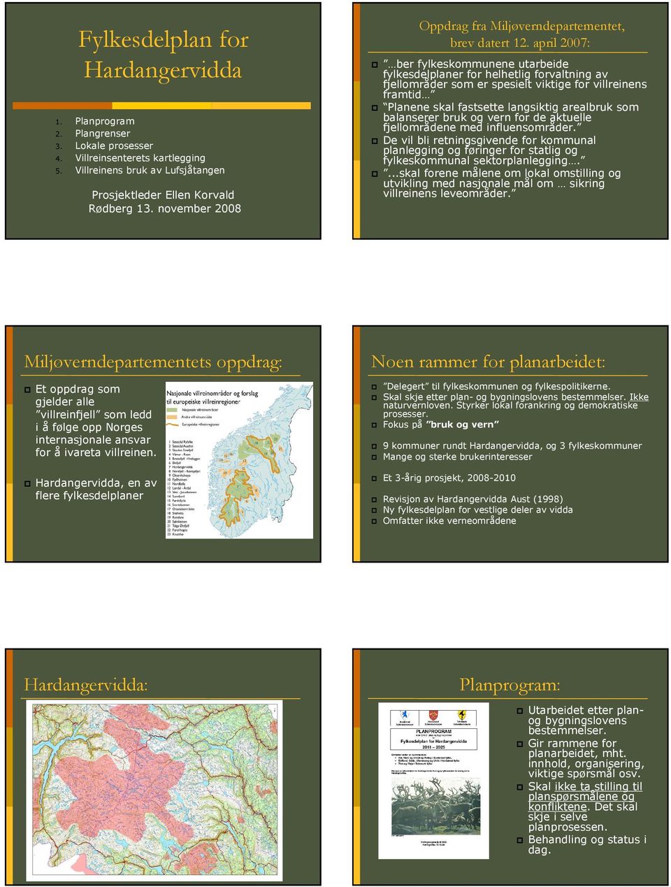 april 2007: ber fylkeskommunene utarbeide fylkesdelplaner for helhetlig forvaltning av fjellområder som er spesielt viktige for villreinens framtid Planene skal fastsette langsiktig arealbruk som