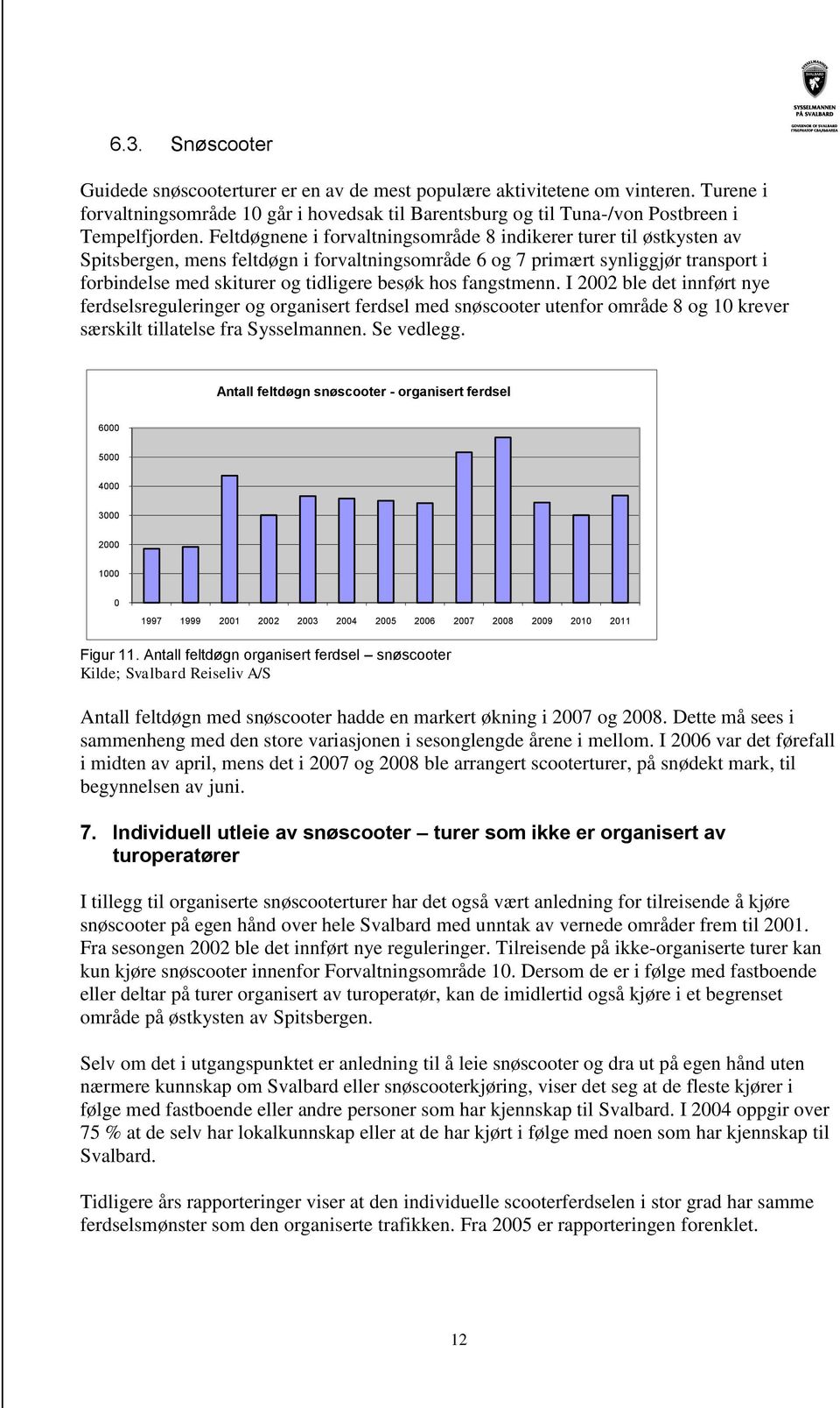 hos fangstmenn. I 2002 ble det innført nye ferdselsreguleringer og organisert ferdsel med snøscooter utenfor område 8 og 10 krever særskilt tillatelse fra Sysselmannen. Se vedlegg.