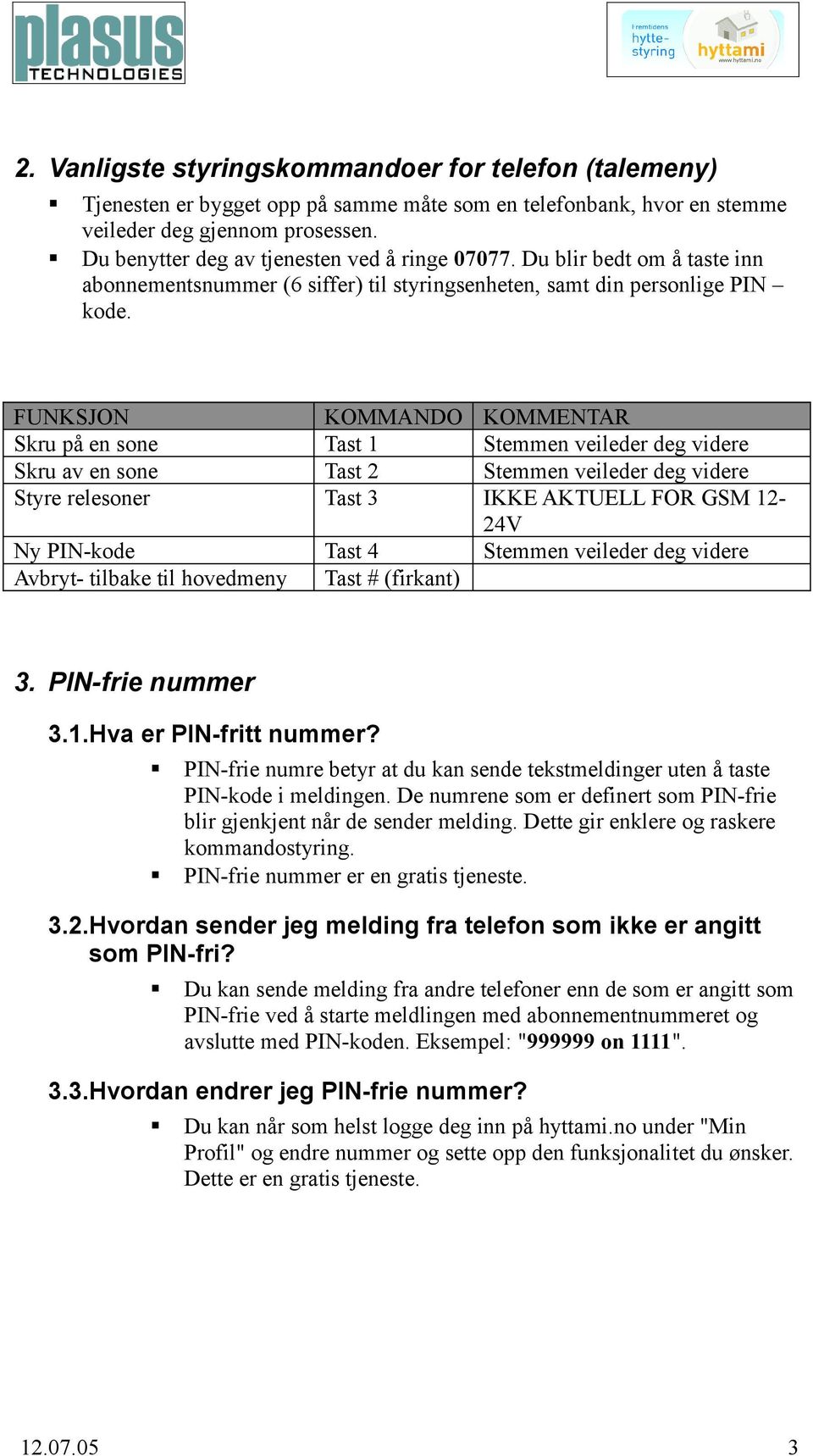 FUNKSJON KOMMANDO KOMMENTAR Skru på en sone Tast 1 Stemmen veileder deg videre Skru av en sone Tast 2 Stemmen veileder deg videre Styre relesoner Tast 3 IKKE AKTUELL FOR GSM 12-24V Ny PIN-kode Tast 4