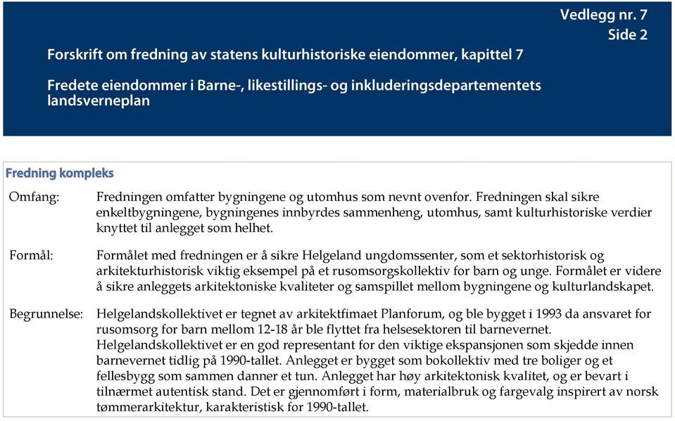 Formålet med fredningen er å sikre Helgeland ungdomssenter, som et sektorhistorisk og arkitekturhistorisk viktig eksempel på et rusomsorgskollektiv for barn og unge.