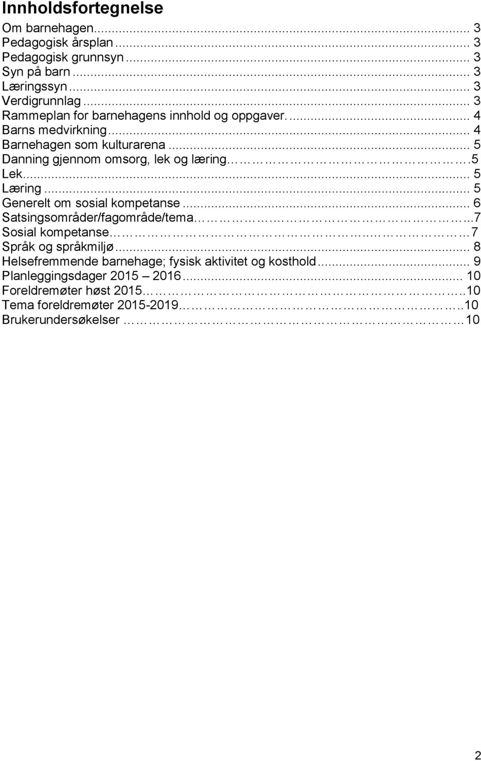 5 Lek... 5 Læring... 5 Generelt om sosial kompetanse... 6 Satsingsområder/fagområde/tema....7 Sosial kompetanse.. 7 Språk og språkmiljø.