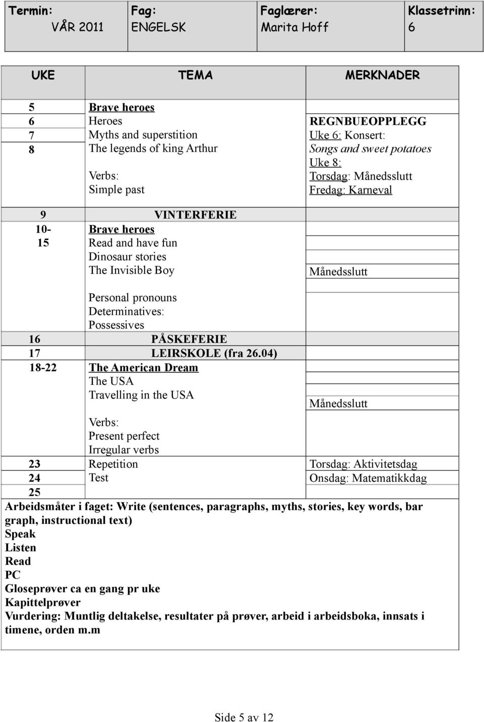 04) 1-22 The American Dream The USA Travelling in the USA Verbs: Present perfect Irregular verbs 23 Repetition Torsdag: Aktivitetsdag 24 Test Onsdag: Matematikkdag 25 Arbeidsmåter i faget: Write