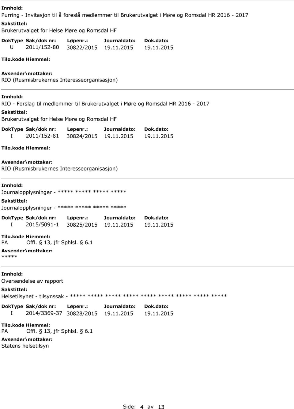 Brukerutvalget for Helse Møre og Romsdal HF 2011/152-81 30824/2015 RO (Rusmisbrukernes nteresseorganisasjon) nnhold: Journalopplysninger -