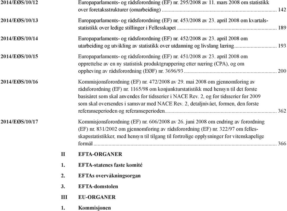 april 2008 om kvartalsstatistikk over ledige stillinger i Fellesskapet... 189 Europaparlaments- og rådsforordning (EF) nr. 452/2008 av 23.