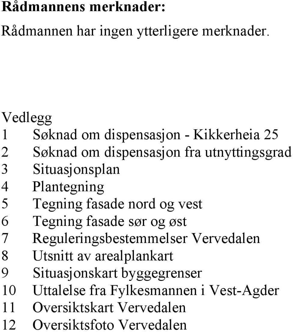 4 Plantegning 5 Tegning fasade nord og vest 6 Tegning fasade sør og øst 7 Reguleringsbestemmelser Vervedalen