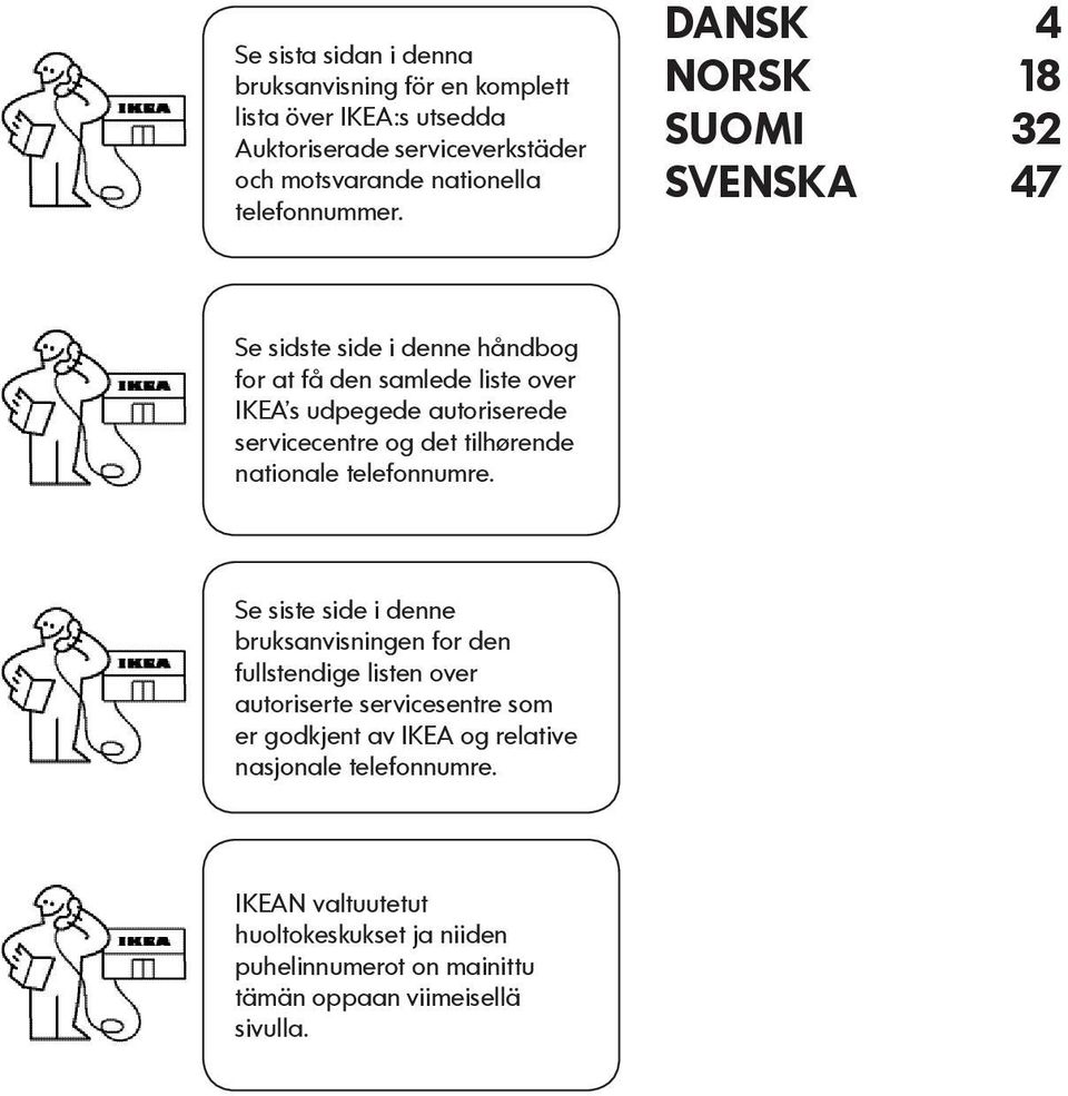 DANSK 4 NORSK 18 SUOMI 32 SVENSKA 47 Se sidste side i denne håndbog for at få den samlede liste over IKEA s udpegede autoriserede servicecentre og det