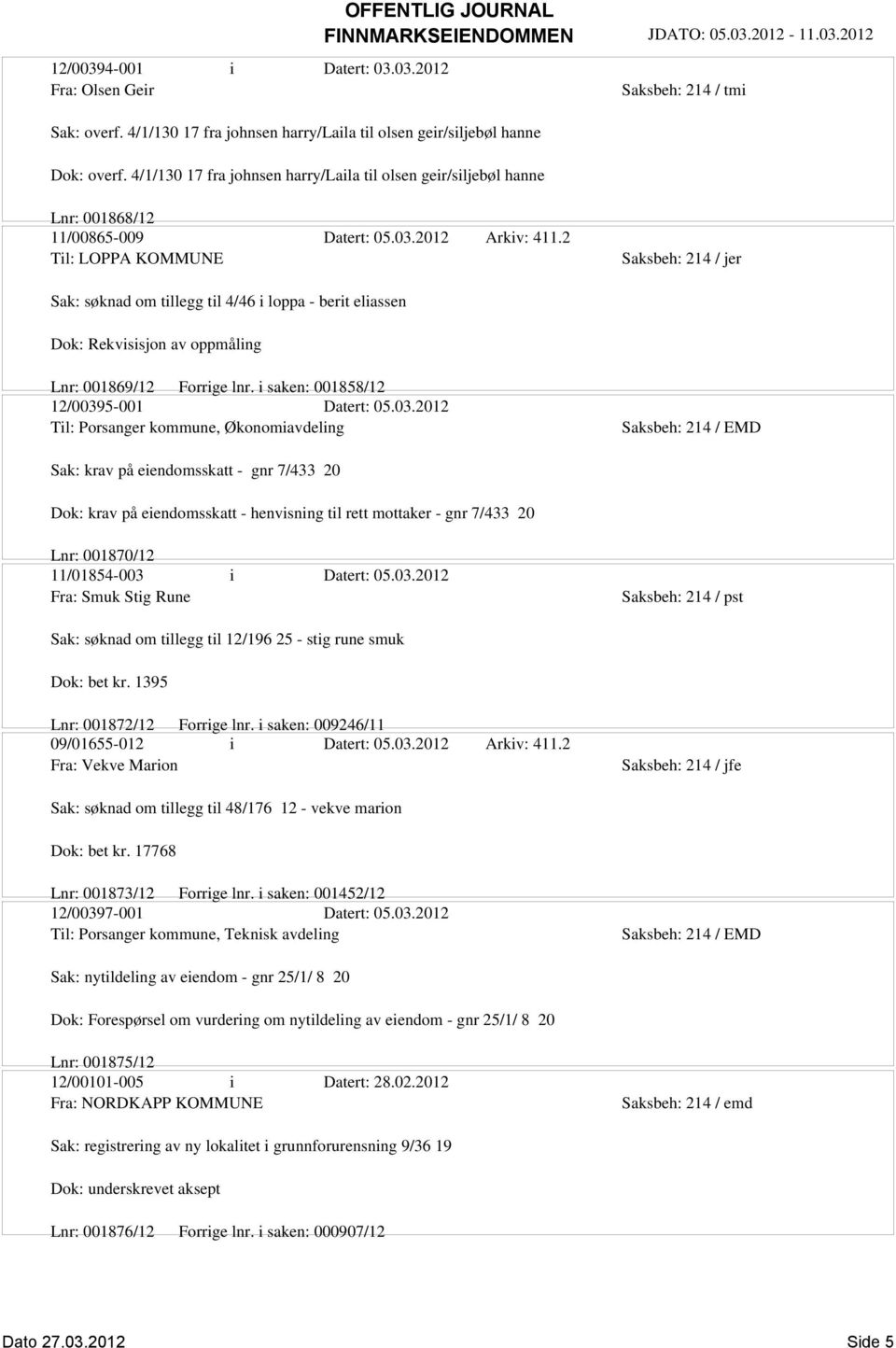 2 Til: LOPPA KOMMUNE Sak: søknad om tillegg til 4/46 i loppa - berit eliassen Dok: Rekvisisjon av oppmåling Lnr: 001869/12 Forrige lnr. i saken: 001858/12 12/0039