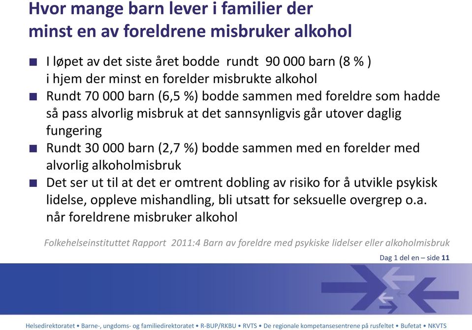 bodde sammen med en forelder med alvorlig alkoholmisbruk Det ser ut til at det er omtrent dobling av risiko for å utvikle psykisk lidelse, oppleve mishandling, bli utsatt