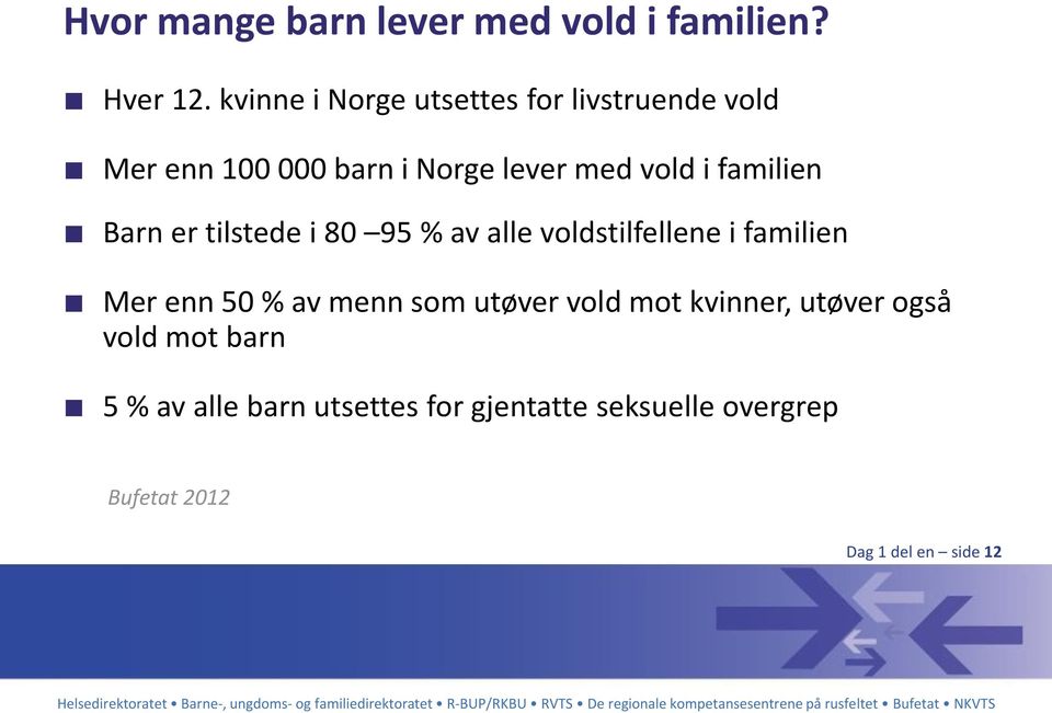 familien Barn er tilstede i 80 95 % av alle voldstilfellene i familien Mer enn 50 % av menn som