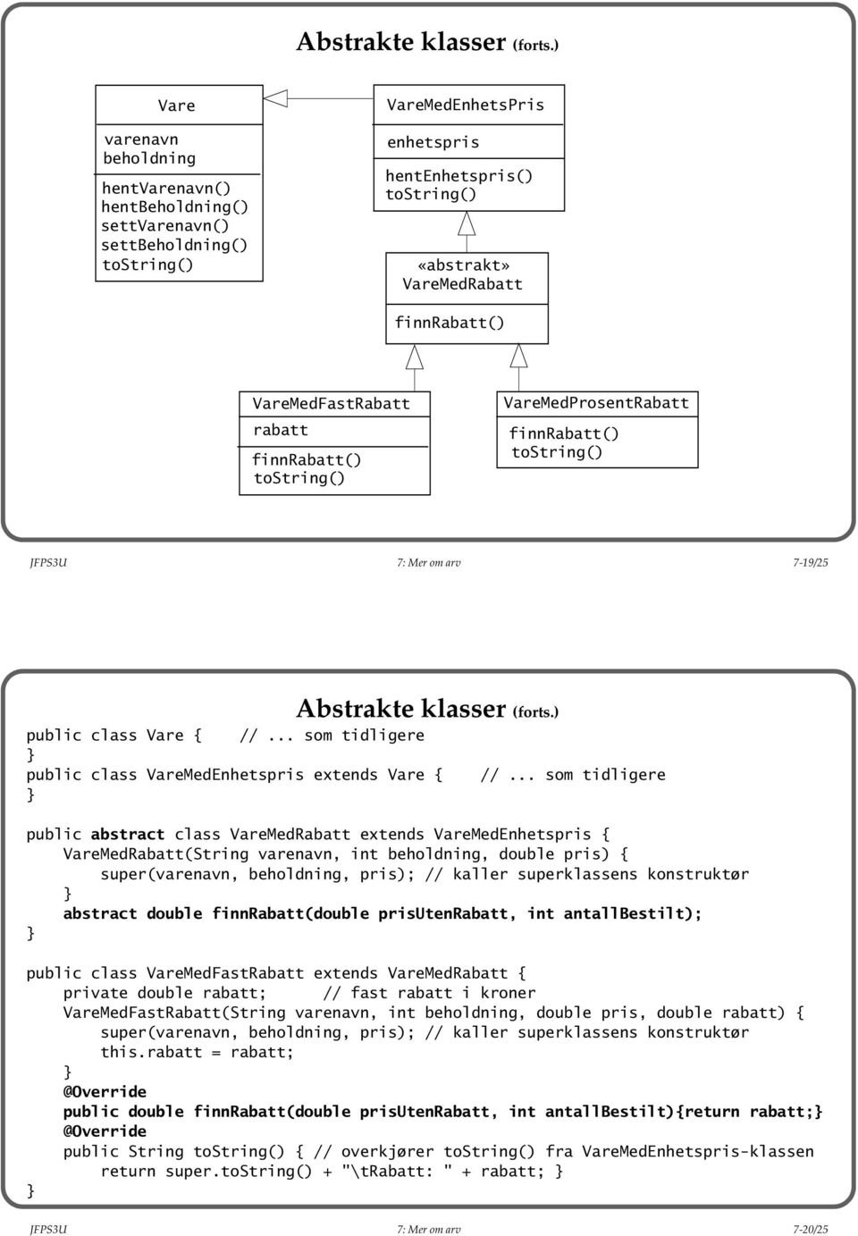 VareMedFastRabatt rabatt finnrabatt() tostring() VareMedProsentRabatt finnrabatt() tostring() JFPS3U 7: Mer om arv 7-19/25 ) public class Vare { // som tidligere public class VareMedEnhetspris