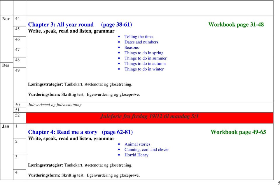 do in winter 50 51 Juleverksted og juleavslutning 52 Juleferie fra fredag 19/12 til mandag 5/1 Jan 1 2 3 4