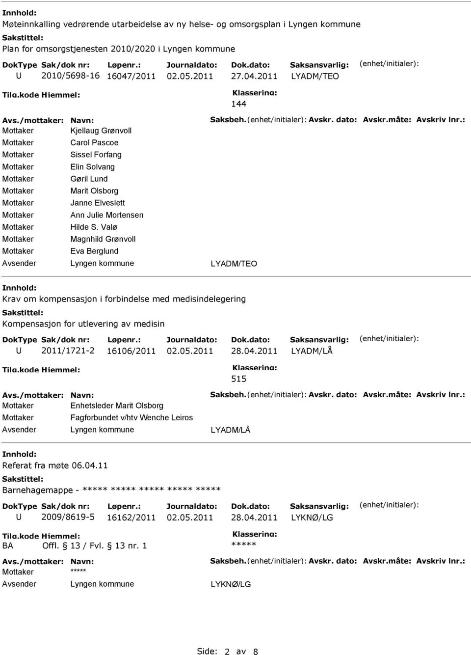 Valø Magnhild Grønvoll Eva Berglund LYADM/TEO Krav om kompensasjon i forbindelse med medisindelegering Kompensasjon for utlevering av medisin 2011/1721-2