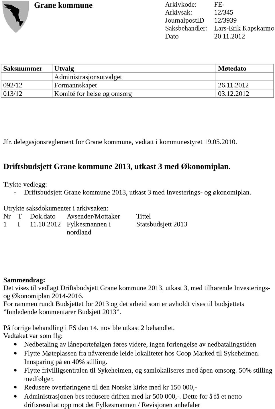 Trykte vedlegg: - Driftsbudsjett Grane kommune 2013, utkast 3 med Investerings- og økonomiplan. Utrykte saksdokumenter i arkivsaken: Nr T Dok.dato Avsender/Mottaker Tittel 1 I 11.10.