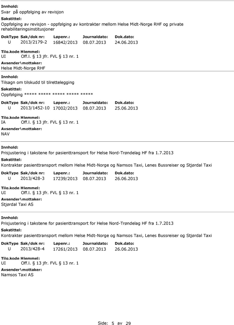 2013 Prisjustering i takstene for pasienttransport for Helse Nord-Trøndelag HF fra 1.7.