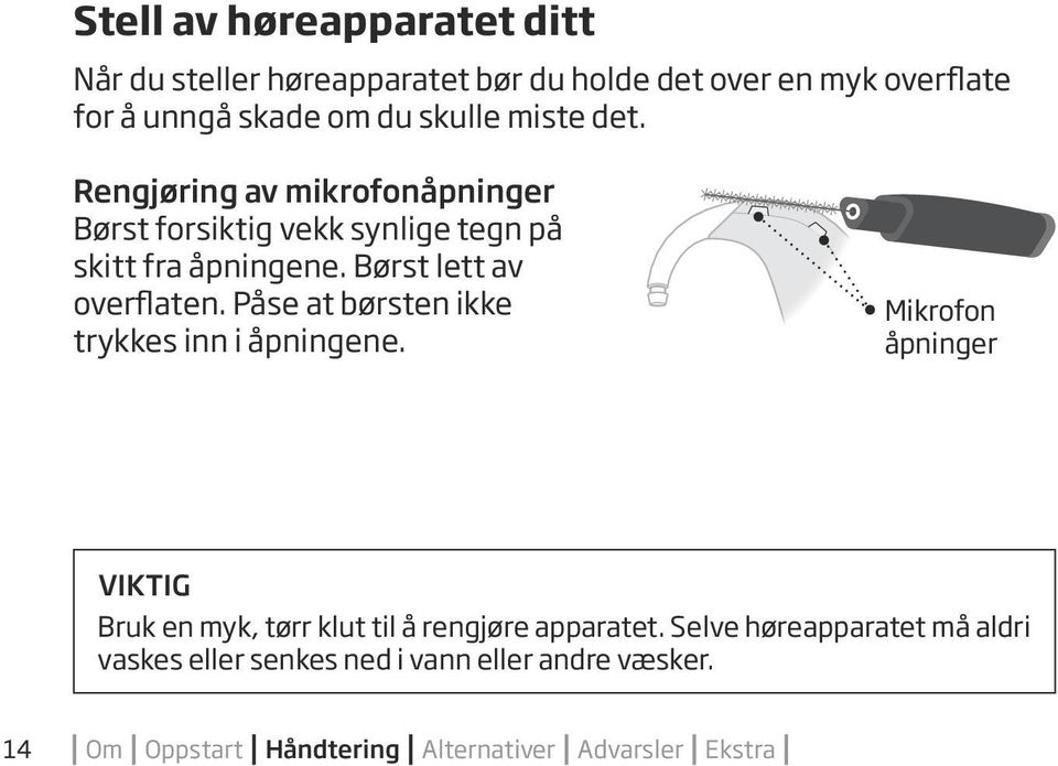 Påse at børsten ikke trykkes inn i åpningene. Mikrofon åpninger VIKTIG Bruk en myk, tørr klut til å rengjøre apparatet.