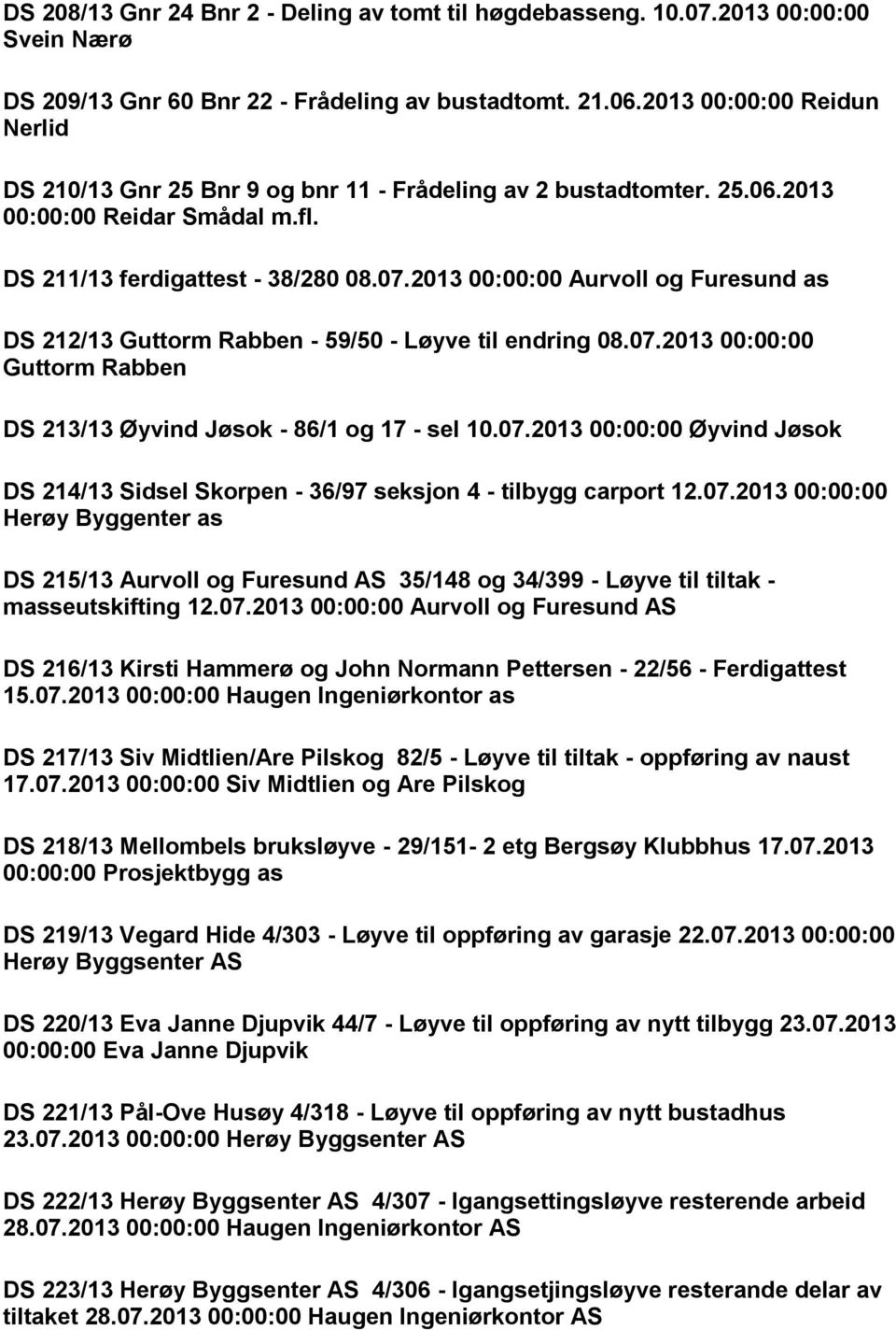 2013 00:00:00 Aurvoll og Furesund as DS 212/13 Guttorm Rabben - 59/50 - Løyve til endring 08.07.2013 00:00:00 Guttorm Rabben DS 213/13 Øyvind Jøsok - 86/1 og 17 - sel 10.07.2013 00:00:00 Øyvind Jøsok DS 214/13 Sidsel Skorpen - 36/97 seksjon 4 - tilbygg carport 12.