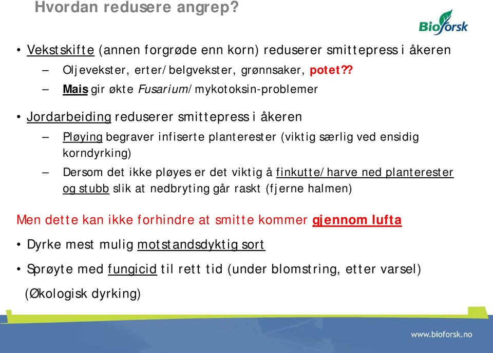 ensidig korndyrking) Dersom det ikke pløyes er det viktig å finkutte/harve ned planterester og stubb slik at nedbryting går raskt (fjerne halmen) Men dette