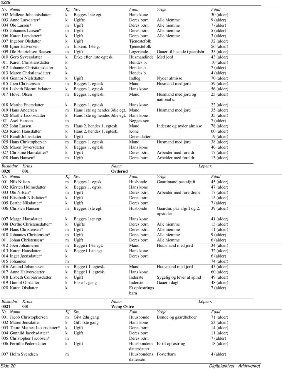 (alder) 006 Karen Larsdatter* k Ugift Deres børn Alle hiemme 3 (alder) 007 Ingebor Olsdatter k Ugift Tjenestefolk 32 (alder) 008 Ejner Halvorsen m Enkem. 1ste g.