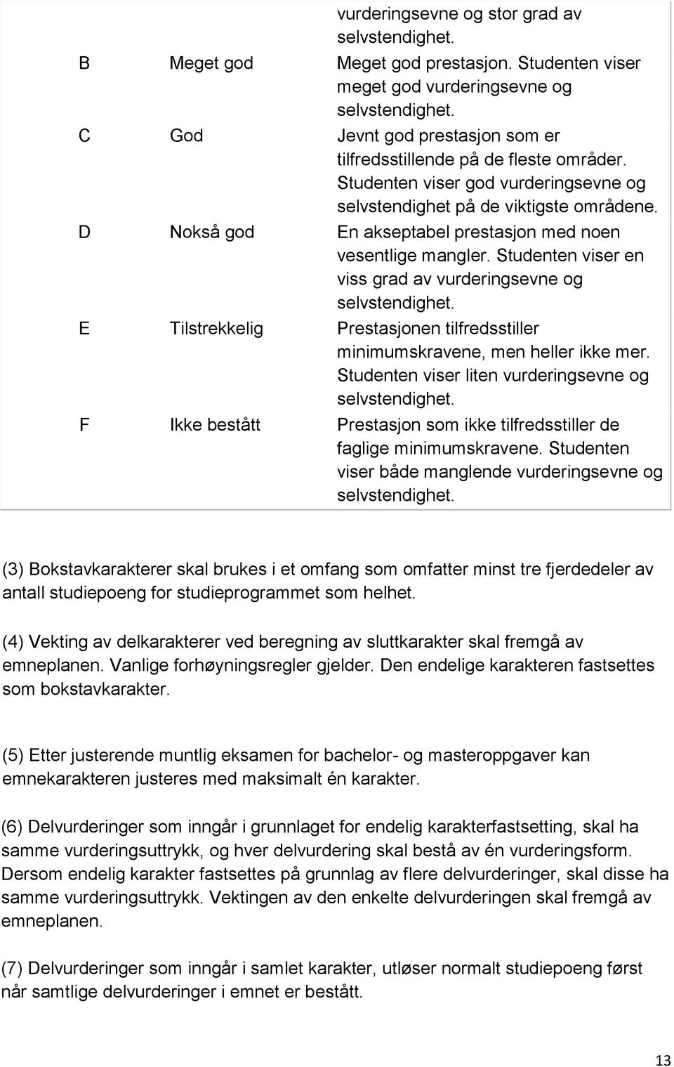 D Nokså god En akseptabel prestasjon med noen vesentlige mangler. Studenten viser en viss grad av vurderingsevne og selvstendighet.