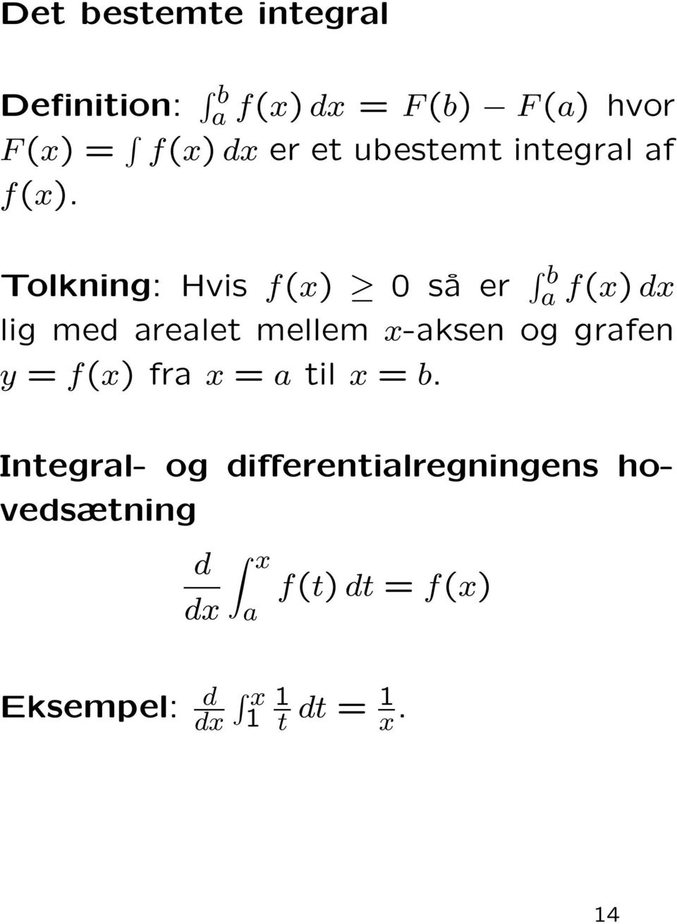 Tolkning: Hvis f() så er b a f() d lig med arealet mellem -aksen og grafen