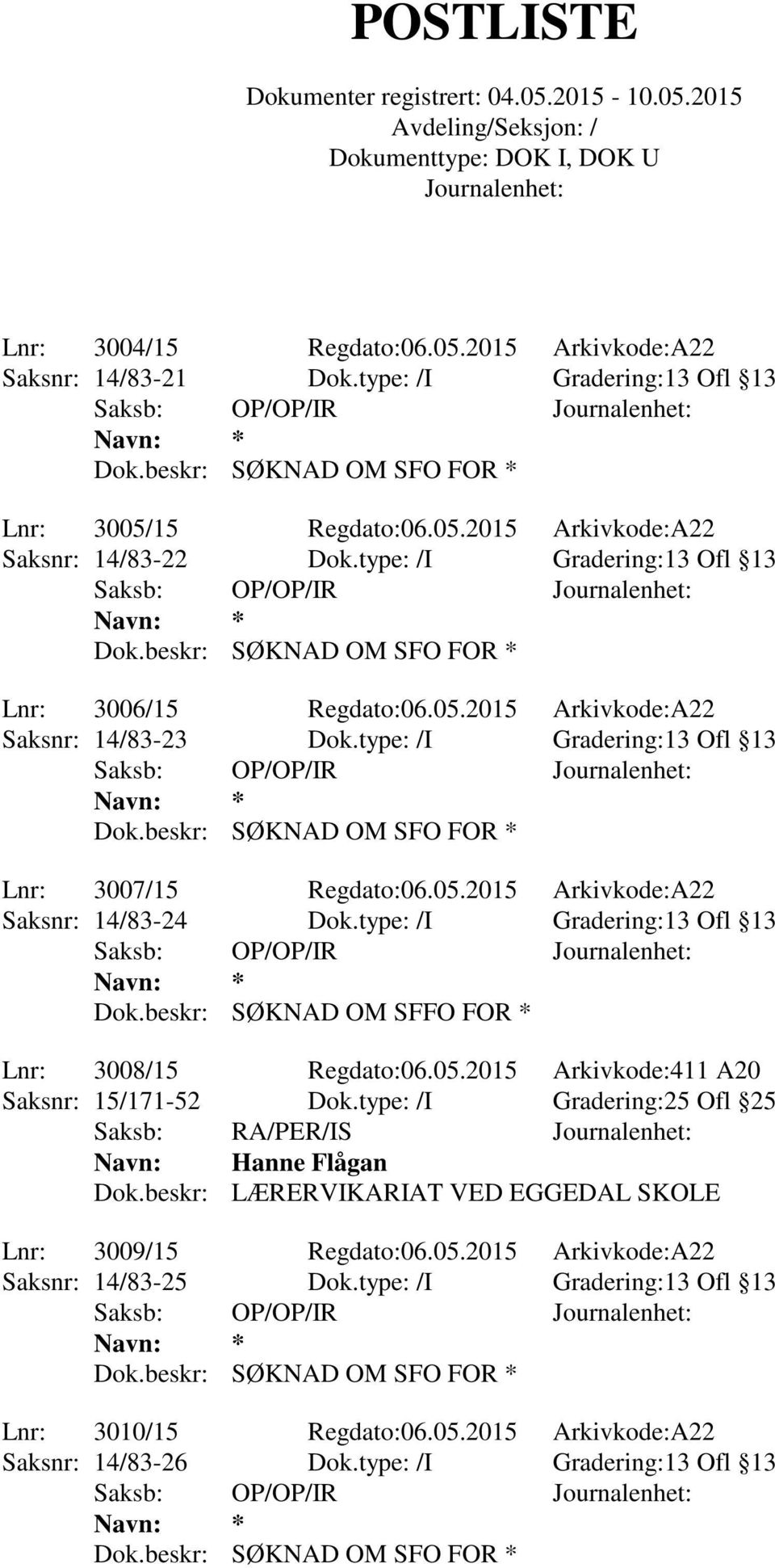 type: /I Gradering:13 Ofl 13 Dok.beskr: SØKNAD OM SFFO FOR * Lnr: 3008/15 Regdato:06.05.2015 Arkivkode:411 A20 Saksnr: 15/171-52 Dok.