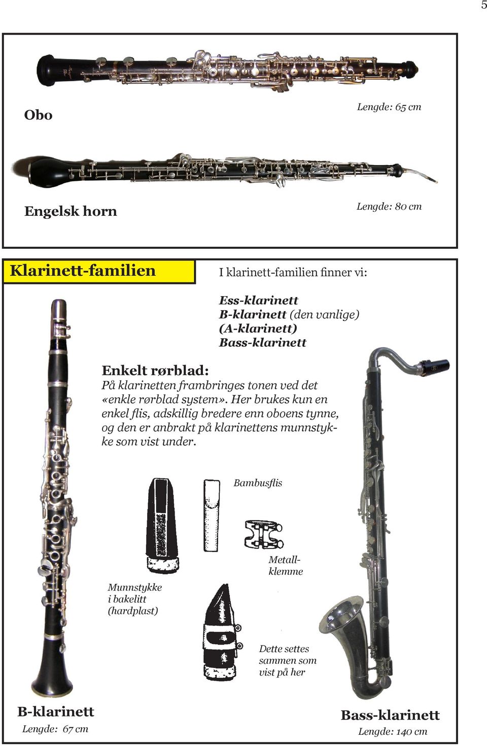 Her brukes kun en enkel flis, adskillig bredere enn oboens tynne, og den er anbrakt på klarinettens munnstykke som vist under.